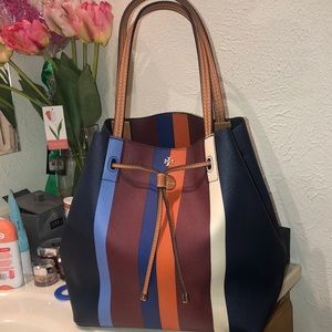 Tory Burch Kerrington Stripe Drawstring Bucket Tote